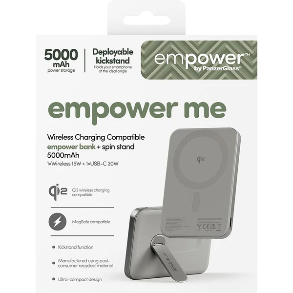 PanzerGlass® empower bezdrôtová Qi2 powerbanka 5000 mAh, MagSafe, otočný stojan, sivá - Powerbanky - Obrázok A83J000K01
