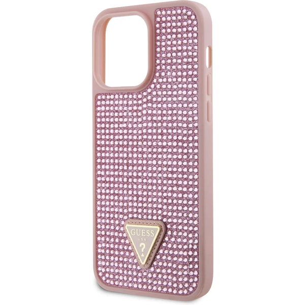 Guess Rhinestones Trojuholníkový kovový kryt loga pre iPhone 15 Pro Max ružový - Puzdra - Obrázok A892000N01