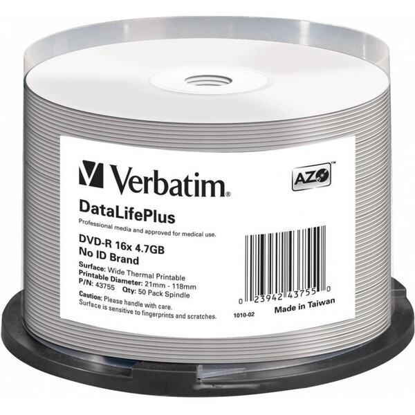 VERBATIM DVD-R (50 ks)/Spindle/16X/4.7GB/DataLife Plus Wide Thermal Professional Bez loga