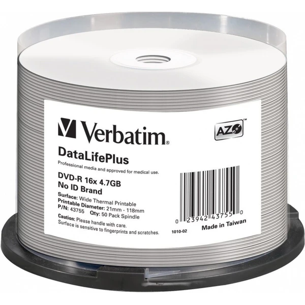 VERBATIM DVD-R (50 ks)/Spindle/16X/4.7GB/DataLife Plus Wide Thermal Professional Bez loga - Optické disky - Hlavný obrázok