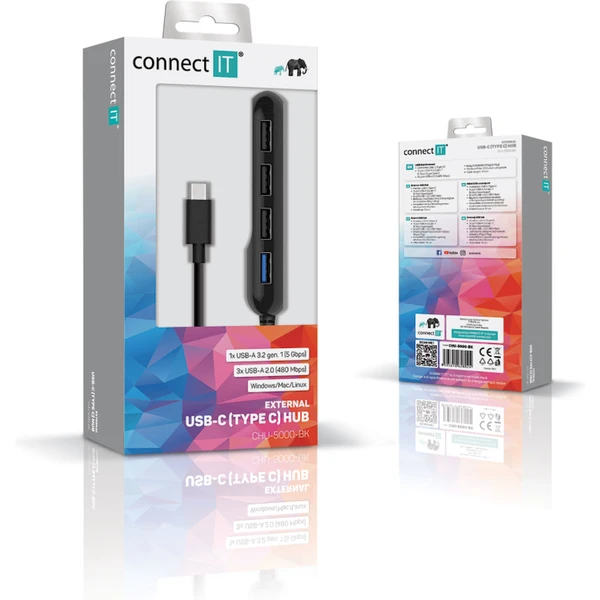 CONNECT IT USB-C hub USB 3.0 4 porty čierny - USB huby - Obrázok AGTG000K01