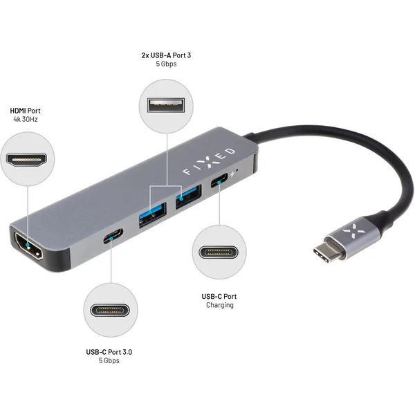 FIXED USB-C HUB Mini 5-portový pre notebooky a tablety sivý - USB huby - Obrázok AJWRF00101