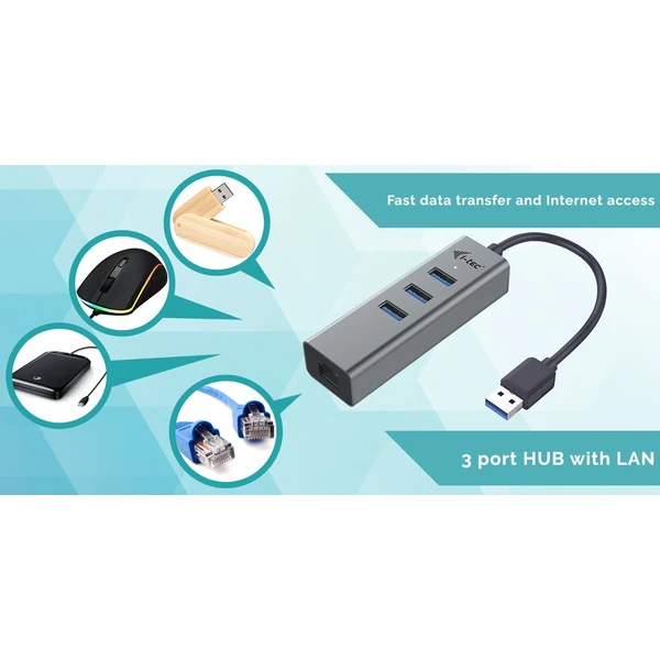 i-tec USB 3.0 Metal HUB 3 Port + Gigabit Ethernet Adapter - USB huby - Obrázok B39B000501