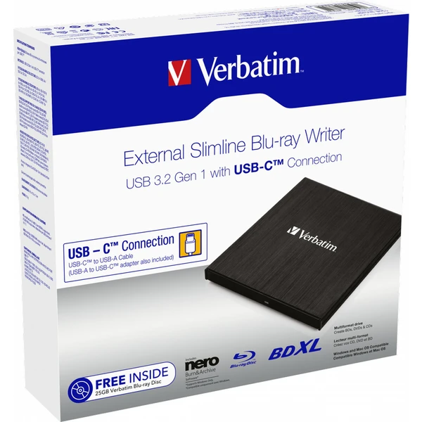 VERBATIM externá mechanika Slimline Blu-ray napaľovačka (USB 3.1, USB-C) + Zadarmo BR Disc 25GB + NE - Optické mechaniky - Obrázok B653000O01