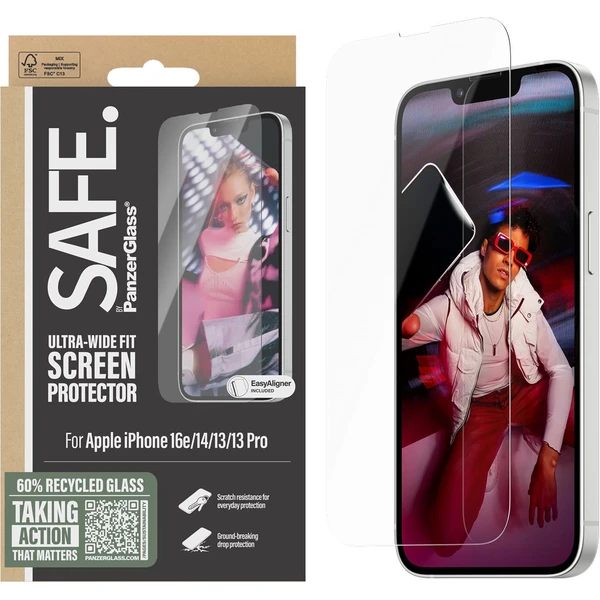 PanzerGlass® SAFE Ultra-Wide Fit sklo Apple iPhone 17e/16e/14/13/13 Pro s inštalačným rámikom - Ochranné fólie a sklo - Obrázok B9GD000J01