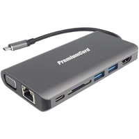 PremiumCord Prevodník USB3.1 typ C na HDMI+VGA+RJ45+2xUSB3.0+SD card +3,5mm+PD nabíjanie šedý - Dokovacie stanice