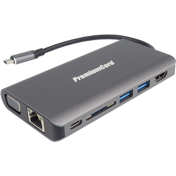 PremiumCord Prevodník USB3.1 typ C na HDMI+VGA+RJ45+2xUSB3.0+SD card +3,5mm+PD nabíjanie šedý