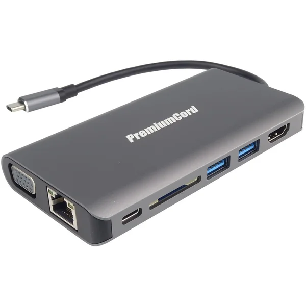 PremiumCord Prevodník USB3.1 typ C na HDMI+VGA+RJ45+2xUSB3.0+SD card +3,5mm+PD nabíjanie šedý - Dokovacie stanice - Hlavný obrázok
