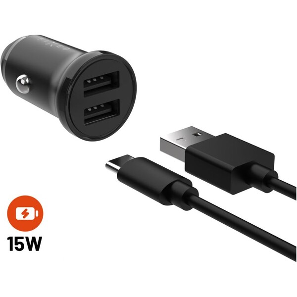 FIXED set autonabíjačky s 2xUSB výstupom a USB/USB-C káblom, 1 meter, 15W čierny