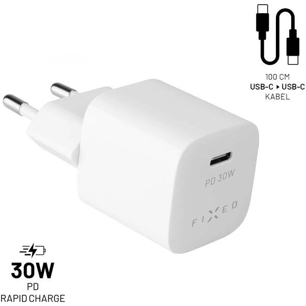 FIXED Mini nabíjačka s USB-C/USB-C káblom, PD, 1 m, 30W, biela - Nabíjačky - Obrázok BQ5E300401