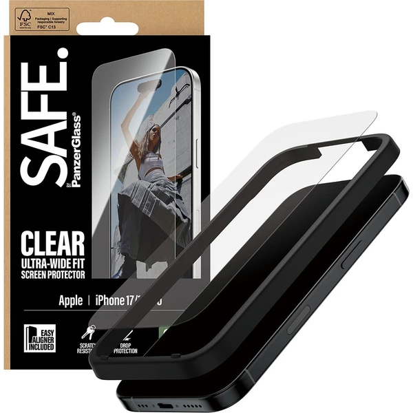 PanzerGlass® SAFE Ultra-Wide Fit sklo Apple iPhone 17/16 Pro s inštalačným rámčekom - Ochranné fólie a sklo - Obrázok C2KH000K01