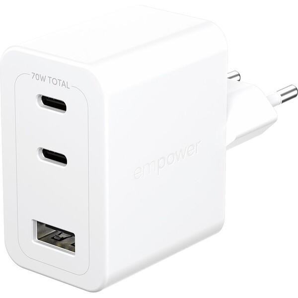 E-shop PanzerGlass® empower nabíjačka Turbo GaN (70 W) 2x USB-C + 1x USB-A, biela