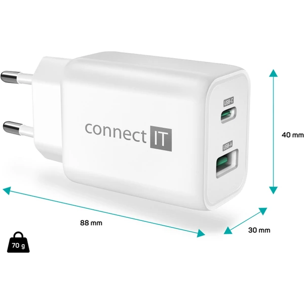 CONNECT IT Wanderer2 GaN nabíjací adaptér 1×USB-C + 1xUSB-A biely 33W PD - Nabíjačky - Obrázok CBN0000P01
