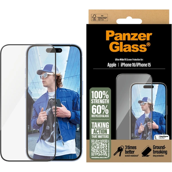 PanzerGlass® Ultra-Wide Fit Apple iPhone 16/15 s inštalačným rámčekom - Ochranné fólie a sklo - Obrázok CG08000P01