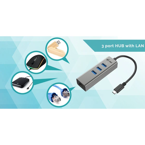 i-tec USB-C Metal 3-portový HUB s Gigabit Ethernet adaptérom - USB huby - Obrázok D1HA000501