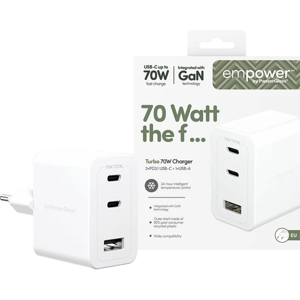 PanzerGlass® empower nabíjačka Turbo GaN (70 W) 2x USB-C + 1x USB-A, biela - Nabíjačky - Obrázok D63J000K01