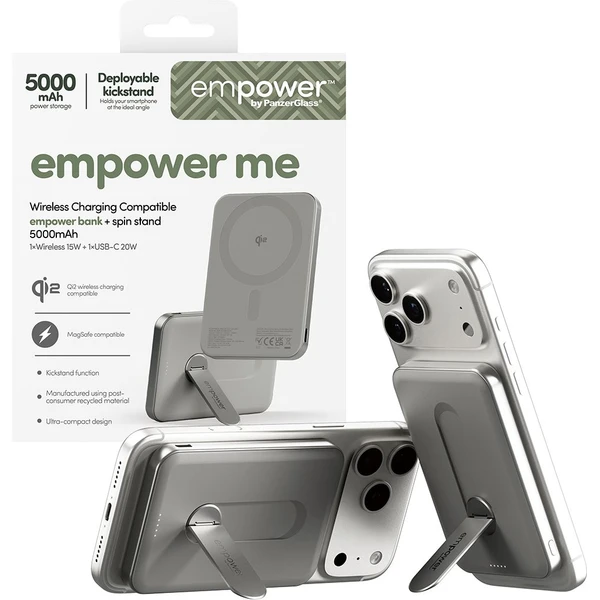 PanzerGlass® empower bezdrôtová Qi2 powerbanka 5000 mAh, MagSafe, otočný stojan, sivá - Powerbanky - Obrázok D83J000K01