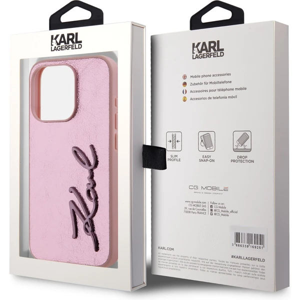Karl Lagerfeld Wrinkled PU Signature Logo zadný kryt iPhone 15 Pro Max ružový - Puzdra - Obrázok D8N5000J01