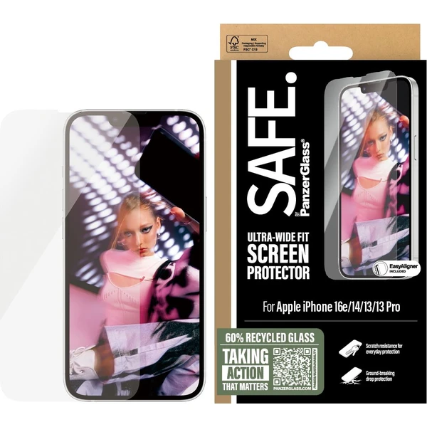 PanzerGlass® SAFE Ultra-Wide Fit sklo Apple iPhone 17e/16e/14/13/13 Pro s inštalačným rámikom - Ochranné fólie a sklo - Obrázok D9GD000J01