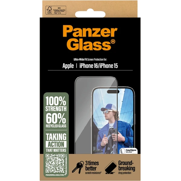 PanzerGlass® Ultra-Wide Fit Apple iPhone 16/15 s inštalačným rámčekom - Ochranné fólie a sklo - Obrázok DG08000P01