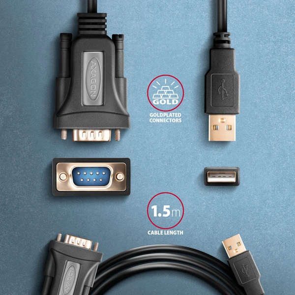 AXAGON USB-A/COM(DE-9) redukcia 1,5m čierna - Káble a redukcie - Obrázok DHS6000701
