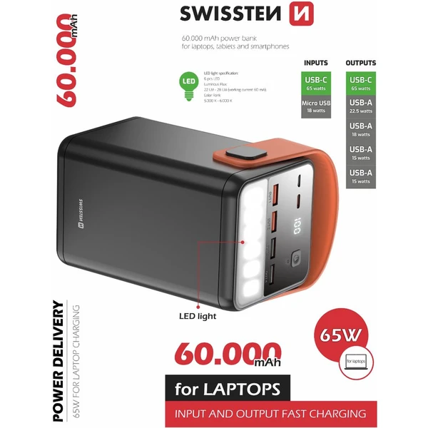 Swissten Power Line powerbanka 60 000 mAh 65W PD čierna - Powerbanky - Obrázok DKSR100501