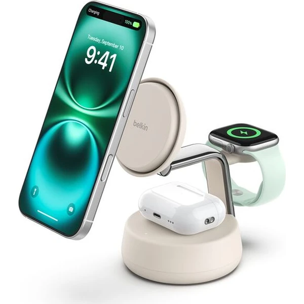 Belkin UltraCharge™ PRO Qi2 25W 3v1 MagSafe nabíjačka pre iPhone/Apple Watch/AirPods piesočná - Nabíjačky - Obrázok E3ZM000K01