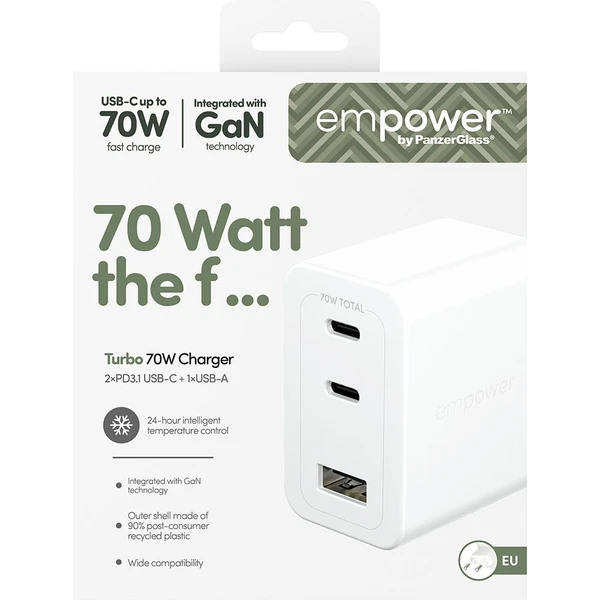PanzerGlass® empower nabíjačka Turbo GaN (70 W) 2x USB-C + 1x USB-A, biela - Nabíjačky - Obrázok E63J000K01