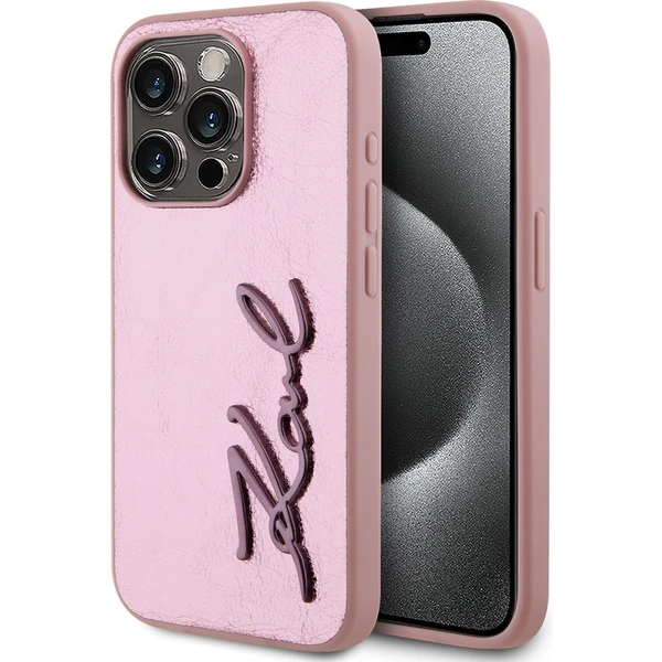 Karl Lagerfeld Wrinkled PU Signature Logo zadný kryt iPhone 15 Pro Max ružový - Puzdra - Hlavný obrázok