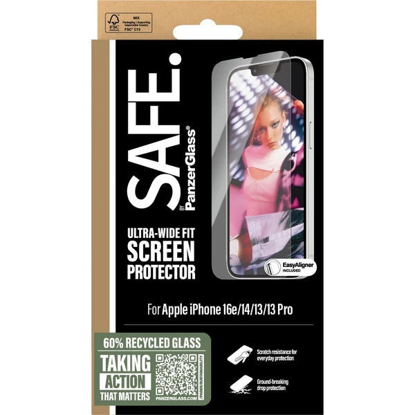 PanzerGlass® SAFE Ultra-Wide Fit sklo Apple iPhone 17e/16e/14/13/13 Pro s inštalačným rámikom - Ochranné fólie a sklo - Obrázok E9GD000J01