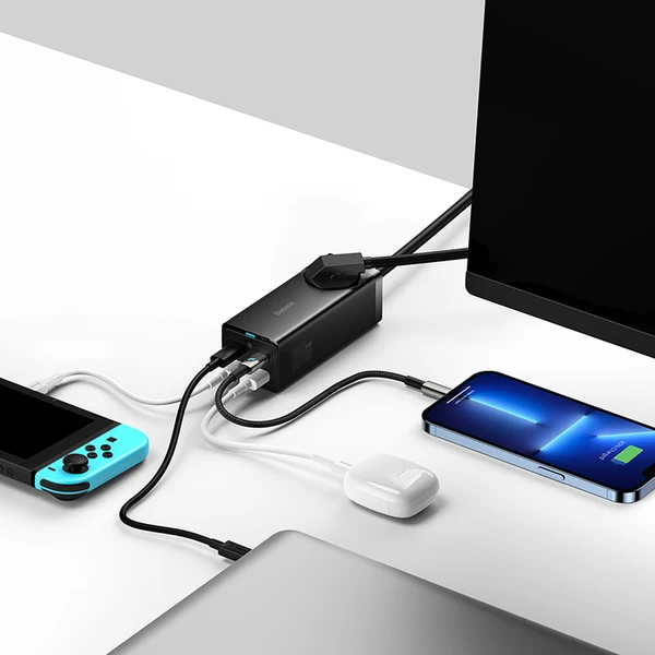 Rýchlonabíjačka do siete Baseus GaN3 Pro, 2x USB-C, 2x USB + AC 100W s káblom USB-C/USB-C čierna - Nabíjačky - Obrázok EHGE000L01