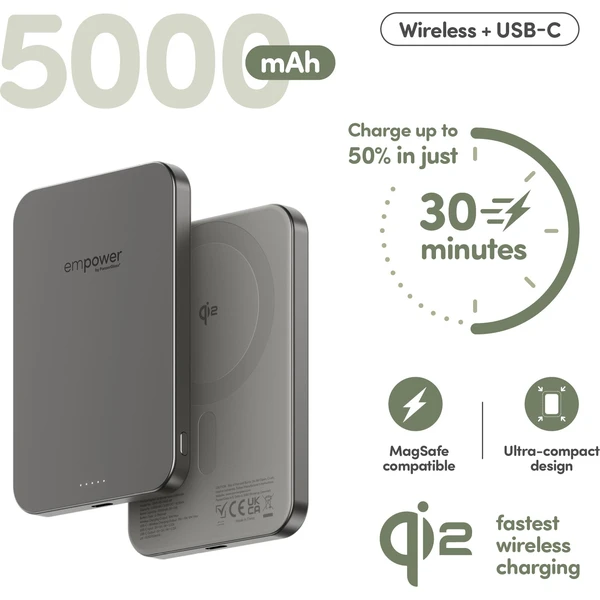 PanzerGlass® empower bezdrôtová Qi2 powerbanka 5000 mAh, MagSafe, sivá - Powerbanky - Obrázok F83J000K01