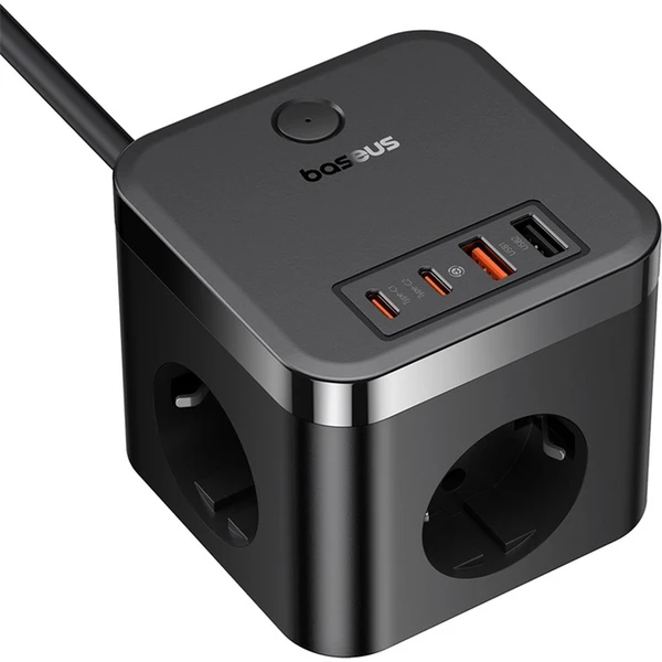 Predlžovací kábel Baseus PowerCombo Cube 3x zásuvka + 2x USB + 2x USB-C 30W 1.5m čierny - Nabíjačky - Obrázok FDGE000L01