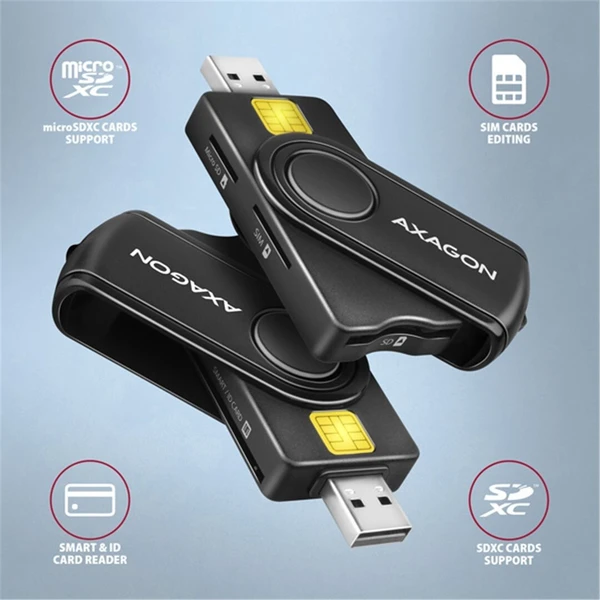 AXAGON CRE-SMP2A, USB-A PocketReader 4-slot čítačka Smart card (eObčanka) + SD/microSD/SIM - Čítačky čipových kariet - Obrázok FOS6000701