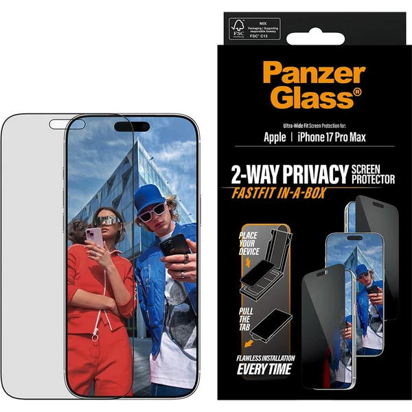 PanzerGlass® Privacy sklo Apple iPhone 17 Pro Max s bezprašným aplikačným boxom - Ochranné fólie a sklo - Hlavný obrázok