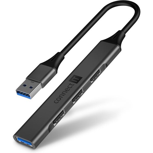 CONNECT IT USB-A hub, (1xUSB-A 3.0, 3xUSB-A 2.0), externý antracitový