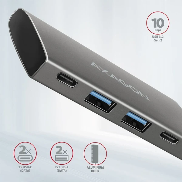 AXAGON HMC4G2 USBC 3.2 Gen 2 10 Gbps húb w. 2x USBA + 2x USBC 13cm USBC cable - USB huby - Obrázok G87HF00101