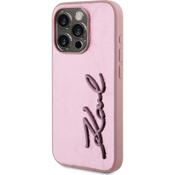 Karl Lagerfeld Wrinkled PU Signature Logo zadný kryt iPhone 15 Pro Max ružový - Puzdra - Obrázok G8N5000J01