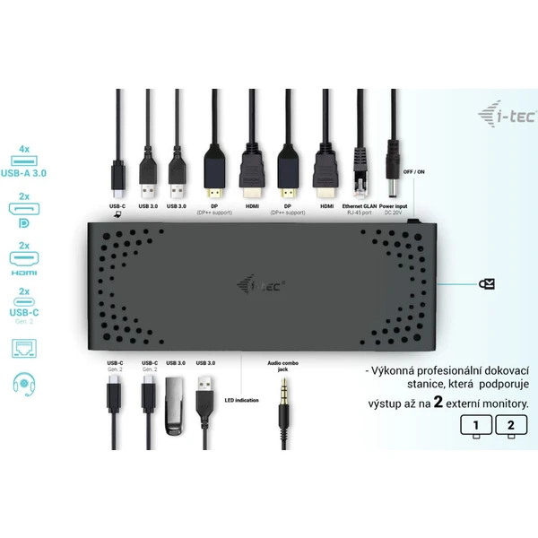 i-tec USB 3.0 / USB-C / Thunderbolt Dual Display dokovacia stanica s PD 100W - Dokovacie stanice - Obrázok GBP8000601