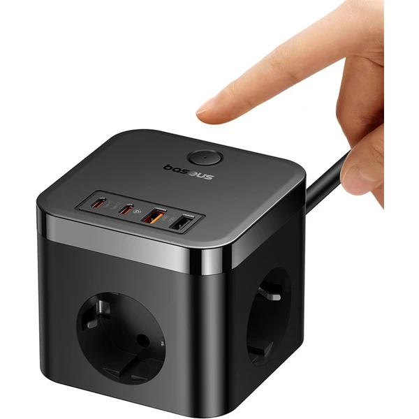 Predlžovací kábel Baseus PowerCombo Cube 3x zásuvka + 2x USB + 2x USB-C 30W 1.5m čierny - Nabíjačky - Obrázok GDGE000L01