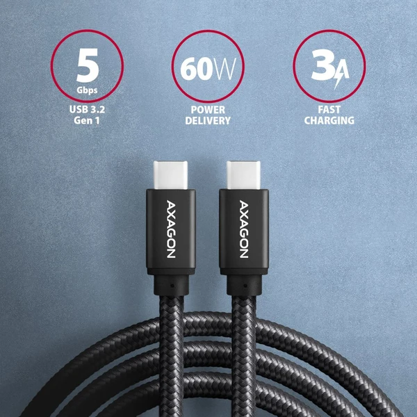 AXAGON USB-C/USB-C napájací kábel 60W 1,5m čierny - Káble a redukcie - Obrázok GED0700301