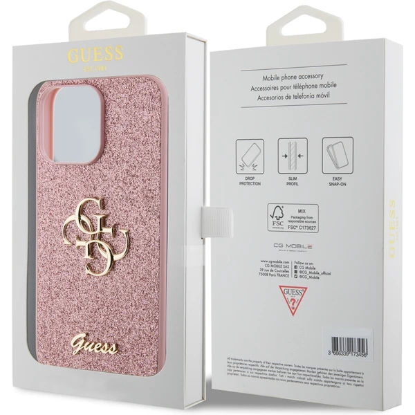 Guess PU Fixed Glitter 4G Metal Logo kryt iPhone 15 Pro Max ružový - Puzdra - Obrázok GEX4000701