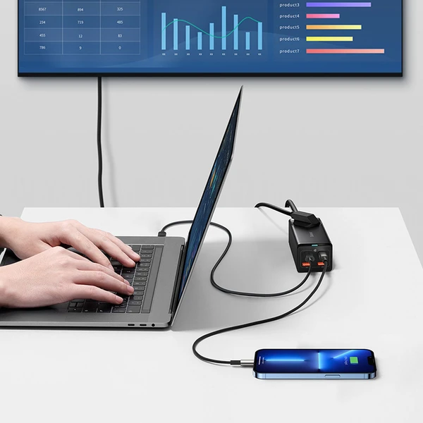 Rýchlonabíjačka do siete Baseus GaN3 Pro, 2x USB-C, 2x USB + AC 100W s káblom USB-C/USB-C čierna - Nabíjačky - Obrázok GHGE000L01