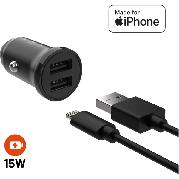 FIXED set autonabíjačky s 2xUSB výstupom a USB/Lightning káblom, 1 meter, Mfi, 15W čierny - Nabíjačky - Hlavný obrázok
