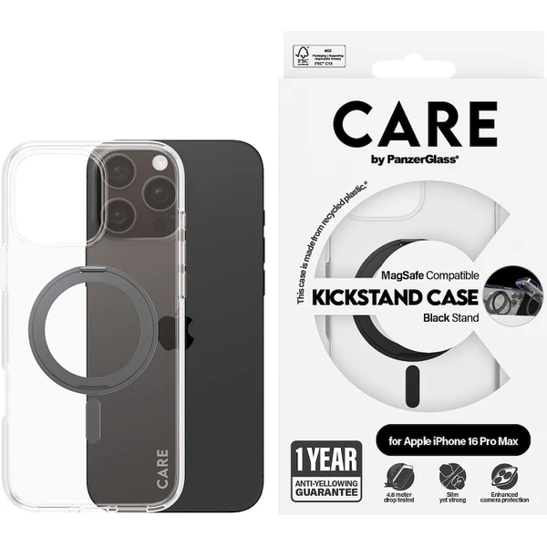 PanzerGlass® CARE kryt Apple iPhone 16 Pro Max MagSafe KickStand číry/čierny - Puzdra - Obrázok H608000P01