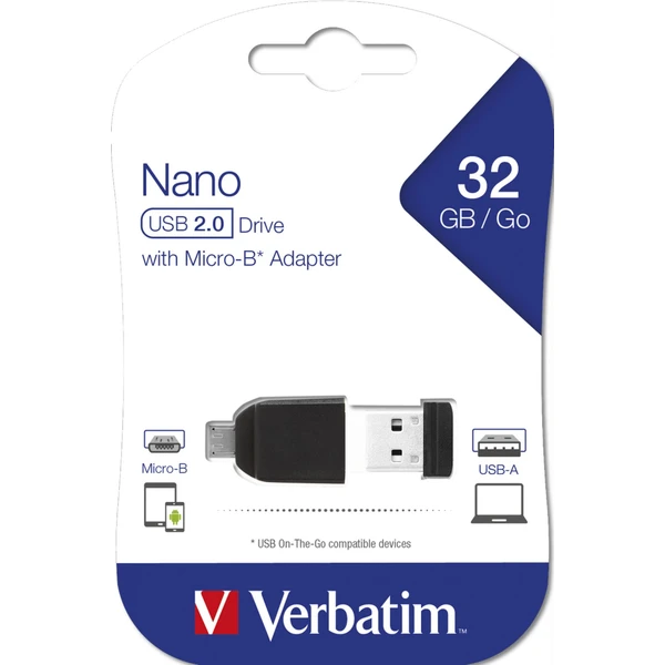 VERBATIM Flash Disk 32GB Store 'n' Stay Nano + micro USB OTG adaptér, USB 2.0, čierny - Flashdisky - Obrázok H8R2000P01