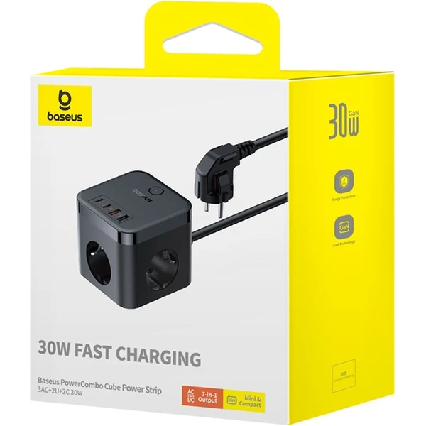 Predlžovací kábel Baseus PowerCombo Cube 3x zásuvka + 2x USB + 2x USB-C 30W 1.5m čierny - Nabíjačky - Obrázok HDGE000L01