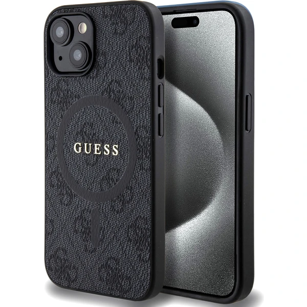 Guess PU Leather 4G Colored Ring MagSafe kryt iPhone 15 čierny - Puzdra - Hlavný obrázok