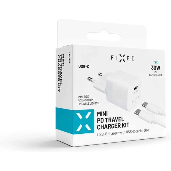 FIXED Mini nabíjačka s USB-C/USB-C káblom, PD, 1 m, 30W, biela - Nabíjačky - Obrázok HQ5E300401