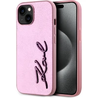Karl Lagerfeld Wrinkled PU Signature Logo Zadný Kryt pre iPhone 15 Pink - Puzdra